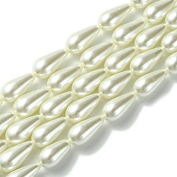 Perlige Glasperlen, für die Herstellung von Perlenschmuck, bemalt, Träne, weiß, 16x8 mm, Bohrung: 1 mm, ca. 24 Stk. / Strang