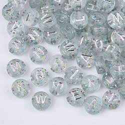 Plating Transparent Acrylic Beads, with Glitter Powder, Metal Enlaced, Horizontal Hole, Flat Round with Letter, Silver Plated, 7x4mm, Hole: 1.5mm, about 3540pcs/500g