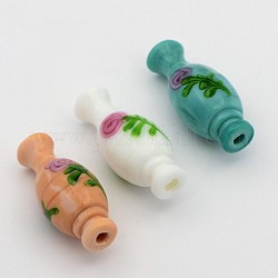 Handmade Lampwork 3D Vase with Flower Beads, Mixed Color, 34x14mm, Hole: 3mm