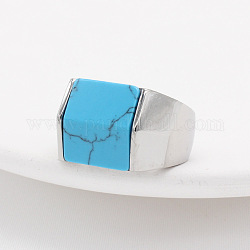 Прямоугольное кольцо на палец с синтетической бирюзой, ювелирные изделия из титановой стали цвета нержавеющей стали, цвет нержавеющей стали, внутренний диаметр: 17.4 мм