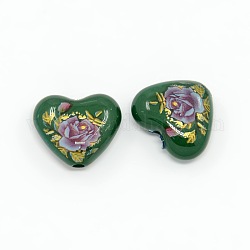 Flower Printed Opaque Acrylic Heart Beads, Green, 16x19x8mm, Hole: 2mm