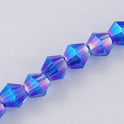 Glass Beads Strands, AB Color Plated, Faceted, Bicone, Blue, 3x3~3.5mm, Hole: 0.5mm, about 125~130pcs/strand, 15.5 inch