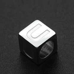 201 Stainless Steel European Beads, Large Hole Beads, Horizontal Hole, Cube, Stainless Steel Color, Letter.U, 7x7x7mm, Hole: 5mm
