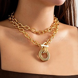 2 juego de collares con colgante de aluminio dorado de 2 estilos., collares de cadenas de eslabones ovalados, anillo, 14.45~18.82 pulgada (36.7~47.8 cm), 1pc / estilo
