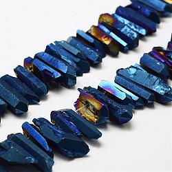 Elettrodeposte quarzo naturale perline di cristallo fili, pepite, forma zanna, blu placcato, tinto, blu, 7~15x18~60mm, Foro: 1 mm, circa 46pcs/filo, 16 pollice