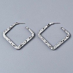Spray Painted CCB Plastic Stud Earrings, Half Hoop Earrings, Rhombus, Silver, White, 54.5x4.5mm, Pin: 0.7mm