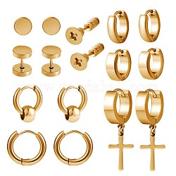 8 Paar 8 Stil 430 Edelstahl-Ohrstecker und Creolen, Kreuz Charms Ohrringe für Männer Frauen, golden, 7~16 mm, Stift: 1 mm, 1 Paar/Stil