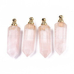 Facetas colgantes de cuarzo natural rosa, botella de perfume abrible, con lazos dorados de latón, prismas hexagonales, 46.5x13.5x11mm, agujero: 1.6 mm, capacidad de la botella: 1 ml (0.034 fl. oz)