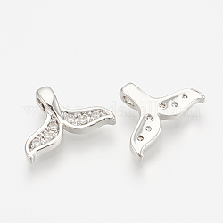 Brass Micro Pave Cubic Zirconia Charms, Whale Tail Shape, Nickel Free, Real Platinum Plated, 8x11.5x1.5mm, Hole: 1mm