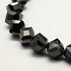 Perles cube moitié plaqué de verre de cristal brins, facette, noir plaqué, 10~11x10~11x10~11mm, Trou: 1mm