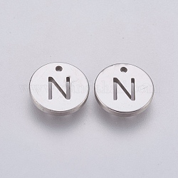 304 charms in acciaio inox, piatta e rotonda con la lettera, colore acciaio inossidabile, letter.n, 10x1mm, Foro: 1 mm