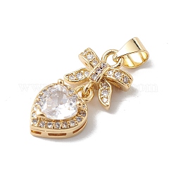 Rack Plating Brass Cubic Zirconia Pendants, Lead Free & Cadmium Free, Long-Lasting Plated, Real 18K Gold Plated, Heart & Bowknot Charm, Clear, 20x10x5mm, Hole: 5x3mm
