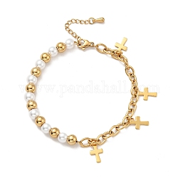 201 bracelet à breloques croix en acier inoxydable, bracelet en perles de plastique avec placage sous vide 304 chaînes de câbles en acier inoxydable pour femmes, or, 7-1/2 pouce (19 cm)
