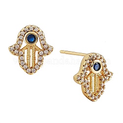 Hamsa Hand Cubic Zirconia Stud Earrings, Brass Earrings for Women, Golden, 13x12mm, Pin: 0.7mm
