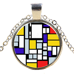 Colliers avec pendentif d'image en verre, avec des chaînes d'alliage, plat et circulaire avec motif, couleur argentée, 18 pouce (45 cm)