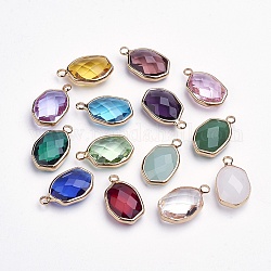 Glass Pendants, with Brass Findings, Faceted Oval, Golden, Mixed Color, 20x12x6~6.5mm, Hole: 2mm