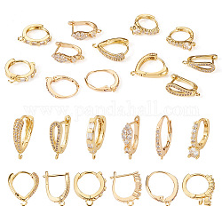 PandaHall Jewelry 12Pcs 6 Style Brass Micro Pave Clear Cubic Zirconia Hoop Earring Findings, with Latch Back Closure and Horizontal Loops, Real 18K Gold Plated, 15.5~18.5x12.5~16.5x2~5.5mm, Hole: 1~1.6mm, Pin: 0.6~1mm, 2Pcs/style