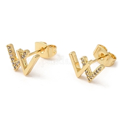 Cubic Zirconia Initial Letter W Stud Earrings, Brass Earrings for Women, Golden, 7x10.5mm