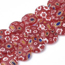 Chapelets de perles vernissées de millefiori manuelles, plat rond, rouge, 12x3.5mm, Trou: 0.8mm, Environ 32 pcs/chapelet, 14.5 pouce