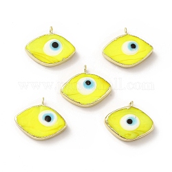 Handmade Lampwork Pendants, with Rack Plating Brass Findings, Long-Lasting Plated, Evil Eye, Yellow, 17~18x21~22x4~4.5mm, Hole: 2mm