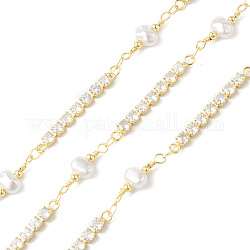 Catene a maglie in ottone con zirconi cubici con perla di conchiglia, senza saldatura, con la bobina, oro, shell perla: 18x6.5x4mm, maglia in zirconia cubica: 30x3x2.5 mm