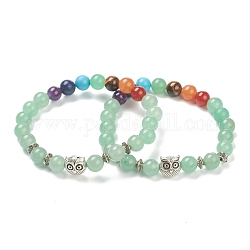 Chakra Jewelry, Round Natural Green Aventurine & Gemstone Stretch Beaded Bracelets, with Alloy Owl Beads, Antique Silver, Inner Diameter: 2-3/8 inch(6cm)