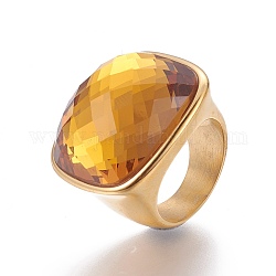 Ионное покрытие (ip) 304 кольцо на палец из нержавеющей стали, С граненым стеклом, темно-золотистые, Размер 6~9, 16~19 мм