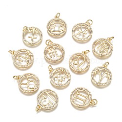 DIY Brass Micro Pave Cubic Zirconia Pendants, Flat Round with Constellation/Zodiac Sign, Golden, 12 Chinese Zodiac Signs, 20x17x2mm, Hole: 2.5mm