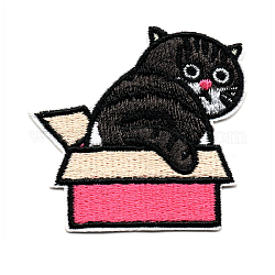 Computerized Embroidery Cloth Iron on/Sew on Patches, Costume Accessories, Appliques, Cat with Box, Black, 50x53mm