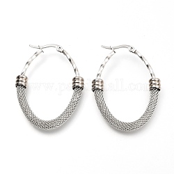 304 Stainless Steel Mesh Hoop Earrings, Textured, Oval, Stainless Steel Color, 45x34x6mm, Pin: 0.8mm