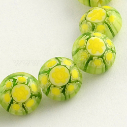 Handmade Millefiori Glass Beads Strands, Flat Round, Yellow, 8x3mm, Hole: 1mm, about 50pcs/strand, 14.1 inch