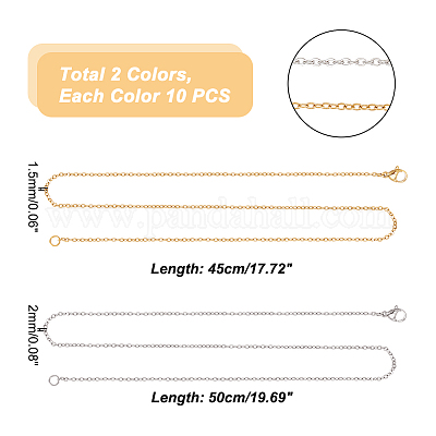 20 Strands 17.7/19.7 inch 304 Stainless Steel Necklace Chains, 1.5/2mm Thin Necklace Link Cable Chain with Lobster Clasps