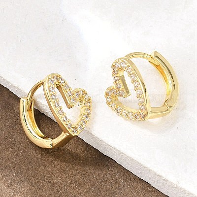 Серьги-кольца в форме полого сердца из латуни с микропаве из прозрачных кубических цирконий&nbsp;EJEW-D348-10G-1