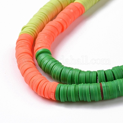 Handmade Polymer Clay Bead Strands, Heishi Beads, Disc/Flat Round, Green,  6x0.2~2mm, Hole: 2mm, about 325~330pcs/strand, 15.12~ 15.35 inch(38.4~39cm)