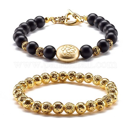 Natural Lava Rock & Synthetic Black Stone Round Beads Energy Stretch Bracelets Set BJEW-JB06969-1
