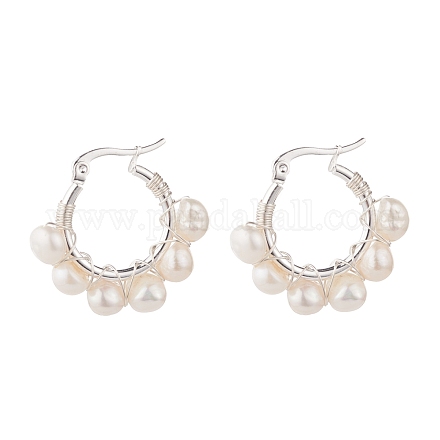 Aretes de aro con cuentas envueltos en alambre de perla natural para mujer EJEW-JE04758-01-1