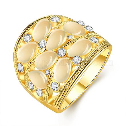 Classic Real 18K Gold Plated Tin Alloy Czech Rhinestone Cat Eye Wide Band Finger Ring RJEW-BB00982-02-1