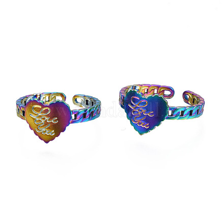 Rack placage couleur arc-en-ciel 304 coeur en acier inoxydable avec mot love you open cuff ring for women RJEW-S405-261M-1