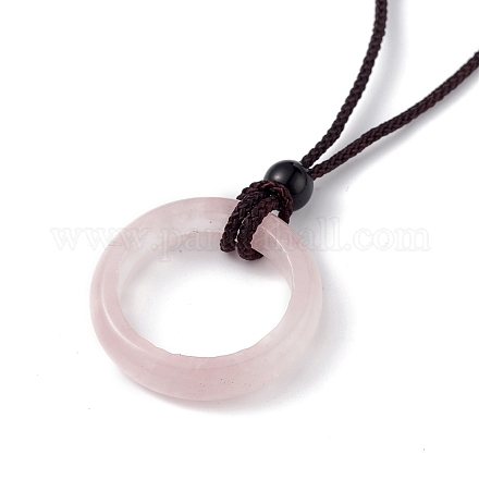 Natural Rose Quartz Ring Pendant Necklace with Nylon Cord for Women NJEW-F306-02B-1