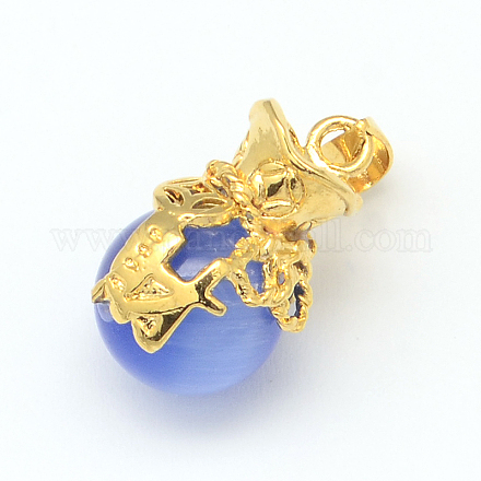 Round Cat Eye Pendants with Golden Tone Alloy Findings CE-R011-01-1