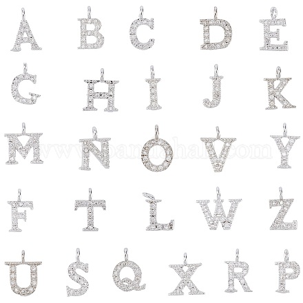 SUNNYCLUEブラスマイクロパヴェキュービックジルコニアペンダント  a～zの文字  a～zの文字  9~10x4~10x1.5~2mm  穴：1.5mm  26個/箱 ZIRC-SC0001-03P-1