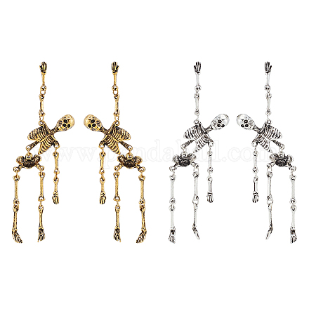 Fibloom 2 paia 2 colori orecchini pendenti con teschio scheletro in lega per halloween EJEW-FI0001-11-1