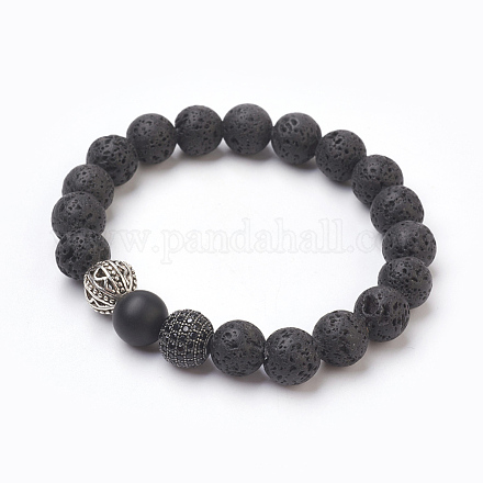 Braccialetti elasticizzati con perle di roccia lavica naturale BJEW-JB03879-02-1