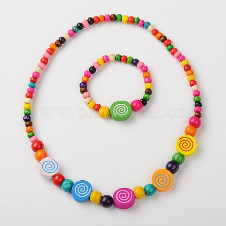 Stretchy Wood Jewelry Sets: Necklaces & Bracelets for Kids SJEW-JS00668-06-1