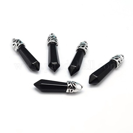 Bullet Platinum Tone Alloy Natural Black Agate Pointed Pendants G-F228-06B-RS-1