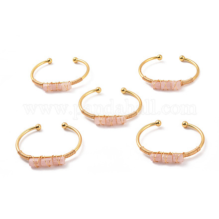 Bracelet manchette ouvert perlé triple colonne en quartz rose naturel BJEW-E377-01G-10-1