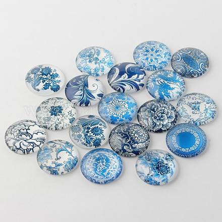 Blue and White Floral Printed Glass Cabochons GGLA-A002-16mm-XX-1