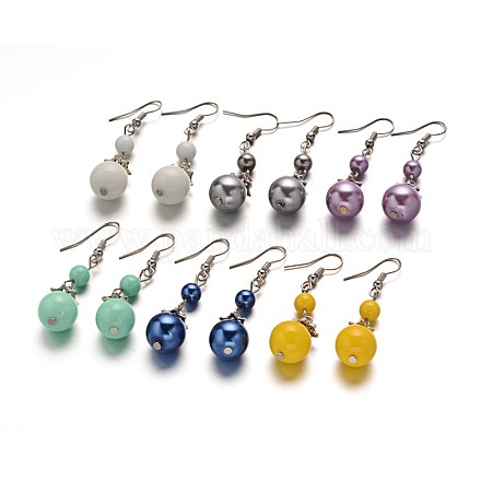 Atractivos pendientes redondos de perlas de vidrio EJEW-F0086-M-1