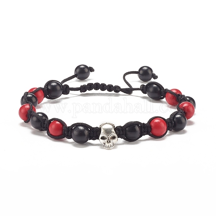 Round Synthetic Turquoise(Dyed) Braided Bead Bracelet with Alloy Skull BJEW-JB07863-02-1