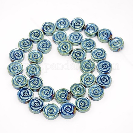 Electroplate Gorgeous Flat Round Carved Rose Non-magnetic Synthetic Hematite Beads Strands G-F141-04B-1
